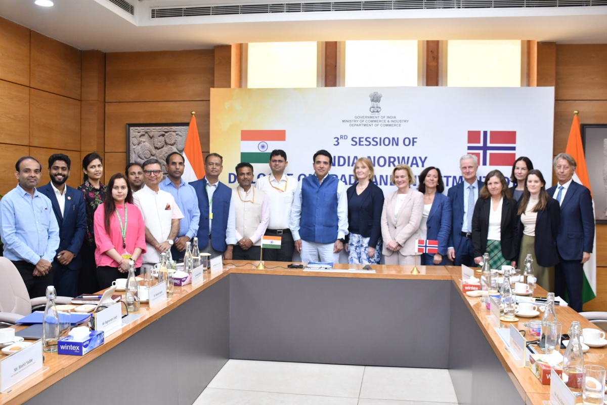 Full delegation group photo at the India–Norway DTI 3rd Session, Vanijya Bhawan, New Delhi, 16 April 2026.